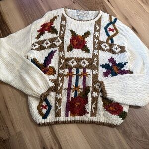Cozy Cream and Brown Knit Sweater with Colorful Accents